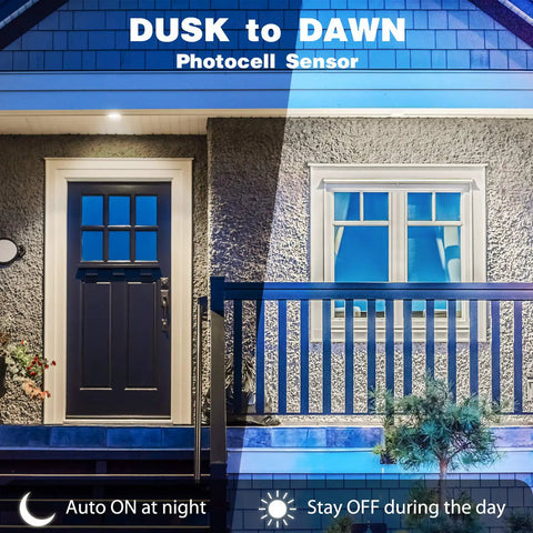 House entrance lit by Boss Outdoor Motion Sensor Flood Light 5000K Daylight LED, highlighting dusk to dawn feature.