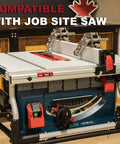 Stainless Steel Table Saw Stock Guides And Anti Kickback Rollers on job site saw, showing roller assembly and saw blade.