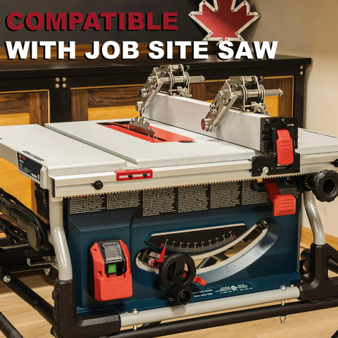 Stainless Steel Table Saw Stock Guides And Anti Kickback Rollers on job site saw, showing roller assembly and saw blade.