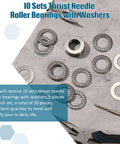 Ten sets thrust needle roller bearings with washers, top view; 0.75 in bore, 1.25 in OD.