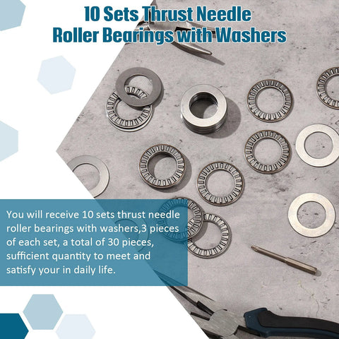 Ten sets thrust needle roller bearings with washers, top view; 0.75 in bore, 1.25 in OD.