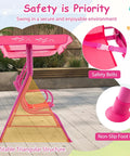 Side view of pink Two Seat Kids Porch Swing With Adjustable Canopy And Safety Belts Outdoor Lounge Chair on metal stand with safety belts.