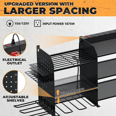 Side view of Premium Wall Mount Power Tool Organizer With Charging Station And 6.5-Foot Power Strip Ten Drill Holders