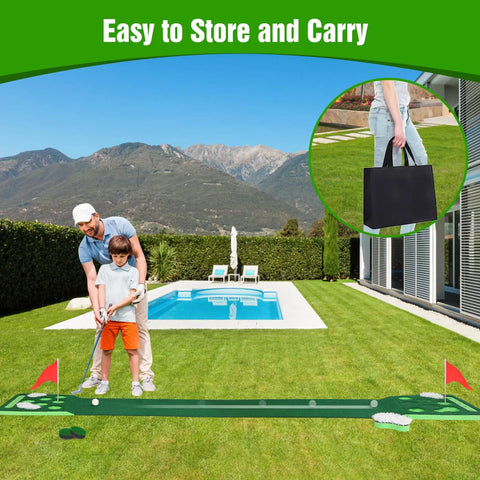 Man and child using Detachable Golf Putting Green Mat Set With Four Balls, Two Cups And Flags, Portable Carry Bag for backyard practice.