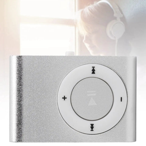 Close-up of a silver Two Pack Portable Clip On MP3 Players With Aluminum Alloy Bodies, showcasing control buttons.