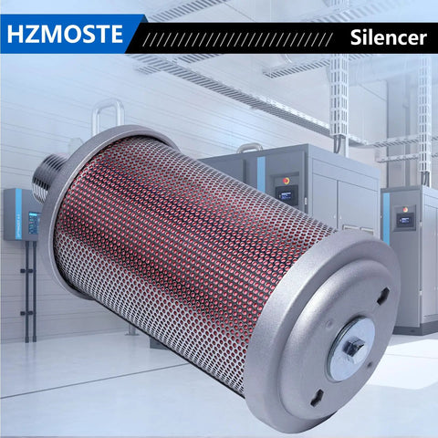 Heavy-Duty Exhaust Silencer For Air Compressors, Vacuum Pumps, And Dryers, 1 Inch NPT Male Interface, Quieting Muffler Reducing Noise For Industrial Equipment, Durable Construction And Easy Install. View of exhaust silencer in industrial setting with 1-inch NPT male interface, depicted against machinery background.