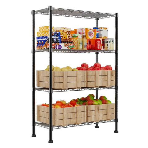 Straight Up Heavy Duty Metal Storage Rack With Adjustable Shelves For Kitchen Pantry Or Closet Black stand displaying groceries and fruits.