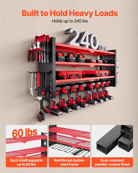 Power Tool Organizer Wall Mount 4 Layer Storage Rack With 8 Drill Holders Side Pegboards And Tool Hooks for garage setup