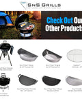 Image showcasing various SnS Grills products including Slow N Sear Original Charcoal Basket For Weber 22 Inch Kettle Two Zone Smoker Attachment.