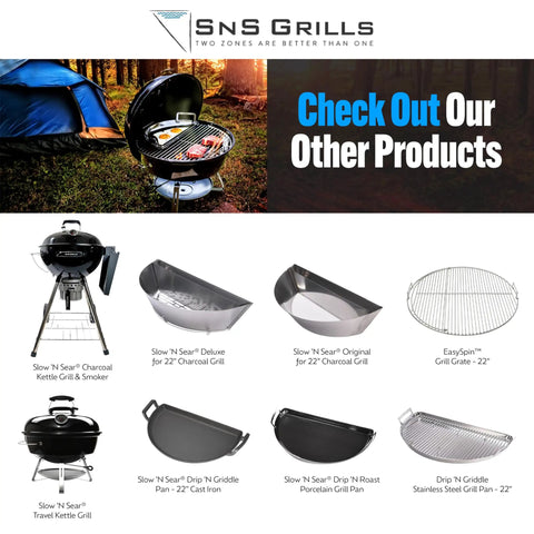 Image showcasing various SnS Grills products including Slow N Sear Original Charcoal Basket For Weber 22 Inch Kettle Two Zone Smoker Attachment.