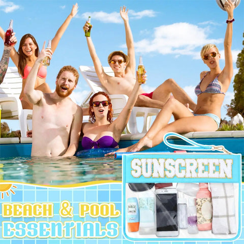 Clear PVC Sunscreen Storage Pouch With Zipper Large Capacity Transparent Makeup Organizer For Travel And Beach shown by pool