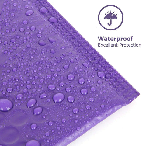 Close-up of 10x13 Inch Bubble Mailers Self Sealing Padded Envelopes Waterproof Tear Resistant Purple, showing water droplets