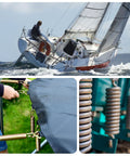 Dual-hook tension springs collage: sailboat at sea; tarp-mounted springs with hooks; close-up of coil springs on machinery
