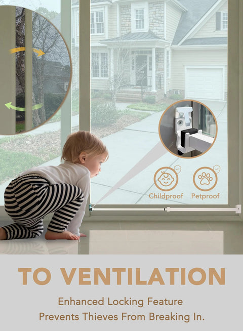 Childproof extendable sliding door security lock bar for child safety, anti lift lock, adjustable 19 to 51 inches with three bars.