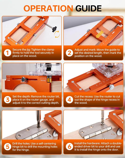 Step-by-step use of Heavy Duty Door Hinge Jig And Lock Installation Kit With Anodized Aluminum Router Template for precise hinge pockets.