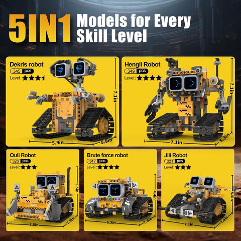 Robot Building Kit 5 In 1 STEM Toys With Remote And App Control For Kids 373 Pieces Featuring 16 LED Expressions, Awesome Christmas And Birthday Gift For Teens Boys And Girls, Hands On Tech Fun. 5 robot models shown
