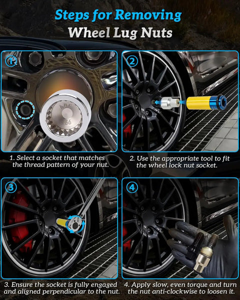 Wheel Lock Removal Kit With Master Key For Porsche And VW Touareg, step-by-step guide using 20 precision cut sockets on car wheel