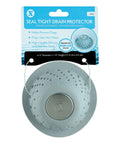 Over Drain Dome Hair Catcher Protector For Shower And Tub Keeps Water Flowing While Trapping Hair No Clog Drama With Silicone And Stainless Steel Design Easy Pop In Fit Durable Gray Drain Cover shown with packaging