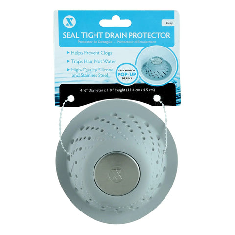 Over Drain Dome Hair Catcher Protector For Shower And Tub Keeps Water Flowing While Trapping Hair No Clog Drama With Silicone And Stainless Steel Design Easy Pop In Fit Durable Gray Drain Cover shown with packaging