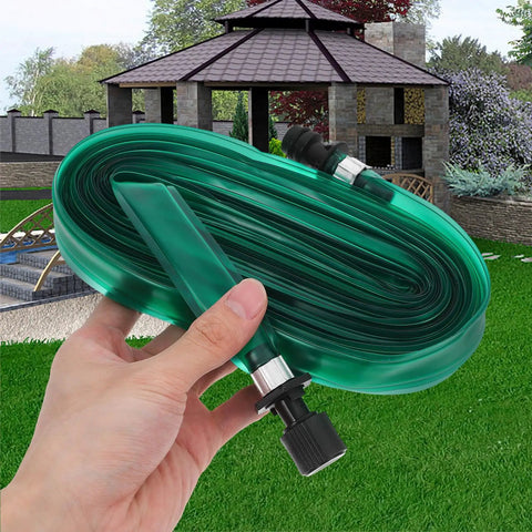 Person holding Flat Soaker Hose With Perforated Holes For Even Yard Watering Flexible PVC Low Profile Sprinkler Hose 7.5m