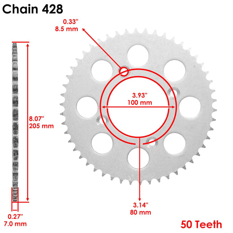 428 Pitch Drive Chain And Sprockets Kit For Honda XR100R 1985-2003 And CRF100F 2004-2013, steel rear sprocket with 50 teeth.