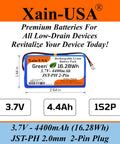 One Pack 3.7V 4400mAh Li Ion Battery Pack with JST PH 2 Pin Connector front view dimensions shown