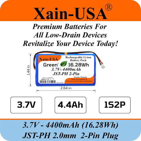 One Pack 3.7V 4400mAh Li Ion Battery Pack with JST PH 2 Pin Connector front view dimensions shown