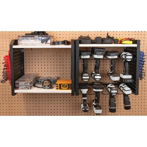 Heavy Duty 17 Inch Five Level Power Tool Storage Rack With 200 Pound Capacity, 9 Gauge Solid Steel Frame, wall-mounted in garage