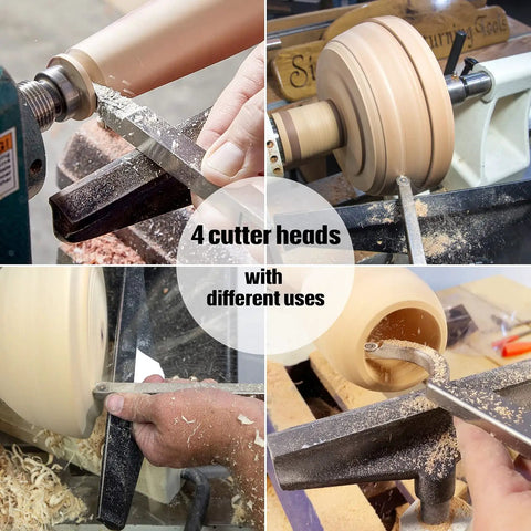 Carbide Tipped Wood Turning Tool Set With Extendable Shafts, Lathe Tools including cutter heads in use on wood lathe.