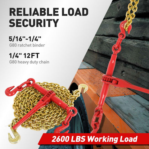Heavy Duty Ratchet Chain Binder Set 2 Pack With G80 Chains on flatbed, 1/4"-5/16" size, 12ft chain securing load, built tough.