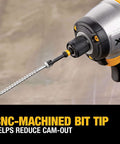 DEWALT cordless impact driver with a long screwdriving bit in the chuck (front-right view)