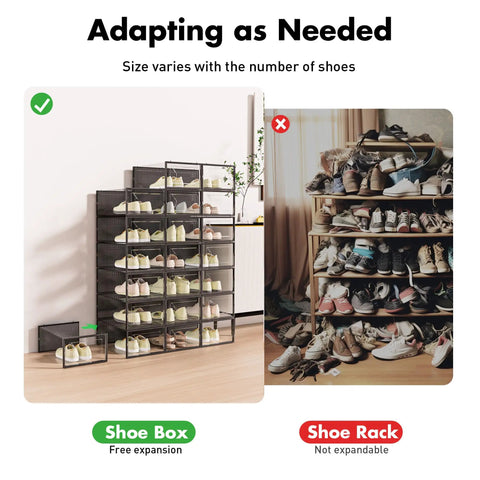 15 Pack Clear Plastic Stackable Shoe Organizer Set With Interlocking Lids, left side showing neat stacked boxes, right for disorganized shoes