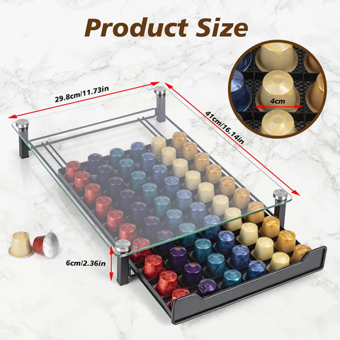 Coffee Pod Holder Organizer For Original Line Nespresso Holds 60 Pods In Slim Drawer Style Kitchen Countertop Rack shown with pod sizes.