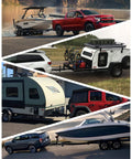 Collage of vehicles towing boats, trailers, and campers in diverse landscapes, showcasing versatility and outdoor adventures.