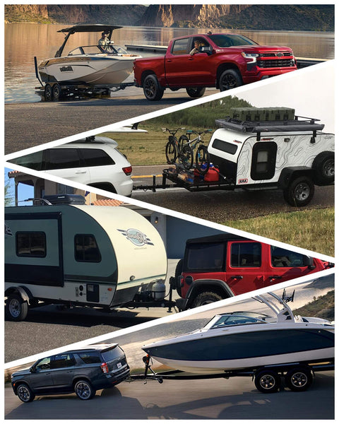 Collage of vehicles towing boats, trailers, and campers in diverse landscapes, showcasing versatility and outdoor adventures.