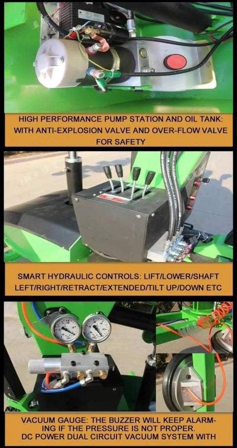 High performance pump station with hydraulic controls for Heavy Duty Electric Vacuum Lifter Featuring Dual Mobile Suction Cups.
