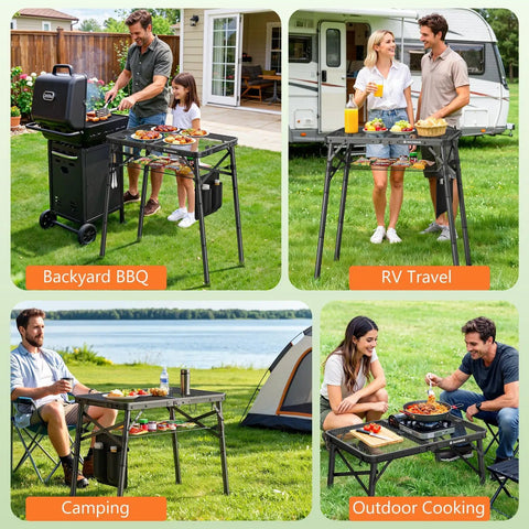 Portable Folding Grill Table With 3 Level Adjustable Height For Outdoors, Lightweight Aluminum Camping Table With Mesh Bag in use for backyard BBQ, RV travel, camping, and outdoor cooking.