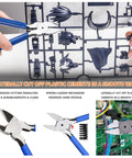 Close-up of pliers cutting plastic parts in 108 Piece Model Tools Kit For Modelers And Hobbyists, Basic Craft Set.