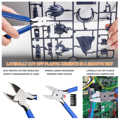 Close-up of pliers cutting plastic parts in 108 Piece Model Tools Kit For Modelers And Hobbyists, Basic Craft Set.