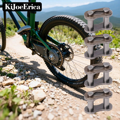 Sturdy Carbon Steel Bike Chain Master Link Connector Kit, 6 Pack Quick Links next to bike on rocky trail, easy install, rust-resistant.