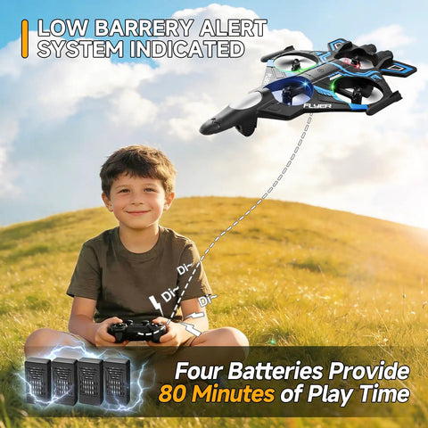 Child controlling Blue Foam RC Airplane with LED lights and remote, showing flight path text, outdoor field setting