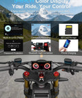 5-Inch color display on Heavy Duty Fat Tire Electric Bike Featuring Badass 6000 W Dual Motor showing music and ride statistics.