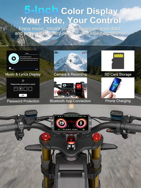 5-Inch color display on Heavy Duty Fat Tire Electric Bike Featuring Badass 6000 W Dual Motor showing music and ride statistics.