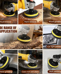 4 Inch Angle Grinder Sander Kit with 110 Pcs Sanding Discs in varied applications on wood, metal, car lights, and walls