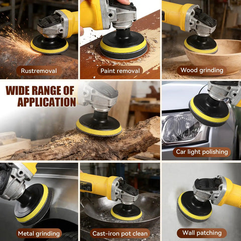 4 Inch Angle Grinder Sander Kit with 110 Pcs Sanding Discs in varied applications on wood, metal, car lights, and walls