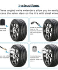 Instructions for using Six Pack Valve Stem Extenders With 45 Degree 90 Degree And 135 Degree Angles For Schrader Tires Compatible With Dual Wheels
