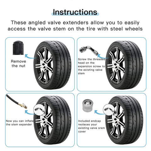 Instructions for using Six Pack Valve Stem Extenders With 45 Degree 90 Degree And 135 Degree Angles For Schrader Tires Compatible With Dual Wheels