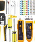No Fuss Multi-Function Heavy-Duty Network Cable Tester Tool Kit with crimping wrench, wire tracker, and accessories in yellow.