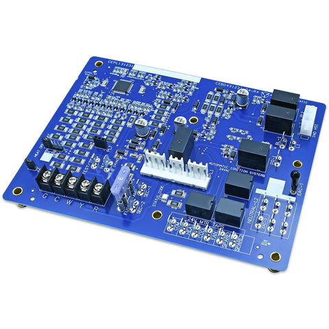Zero Stress HK42FZ086 Replacement Control Board For Carrier Payne Bryant Furnaces close-up view of the blue electronic circuit board.
