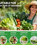 Smiling woman holding basket of vegetables, suitable for indoor, outdoor, and hydroponic growing with Over 18,000 Heirloom Seeds in a 30 Varieties Veggie Garden Pack for Indoor, Outdoor, and Hydroponic Growing, Easy Starter Kit, Dope Gift for Mom, Women, Friends and Any Plant Lover info.